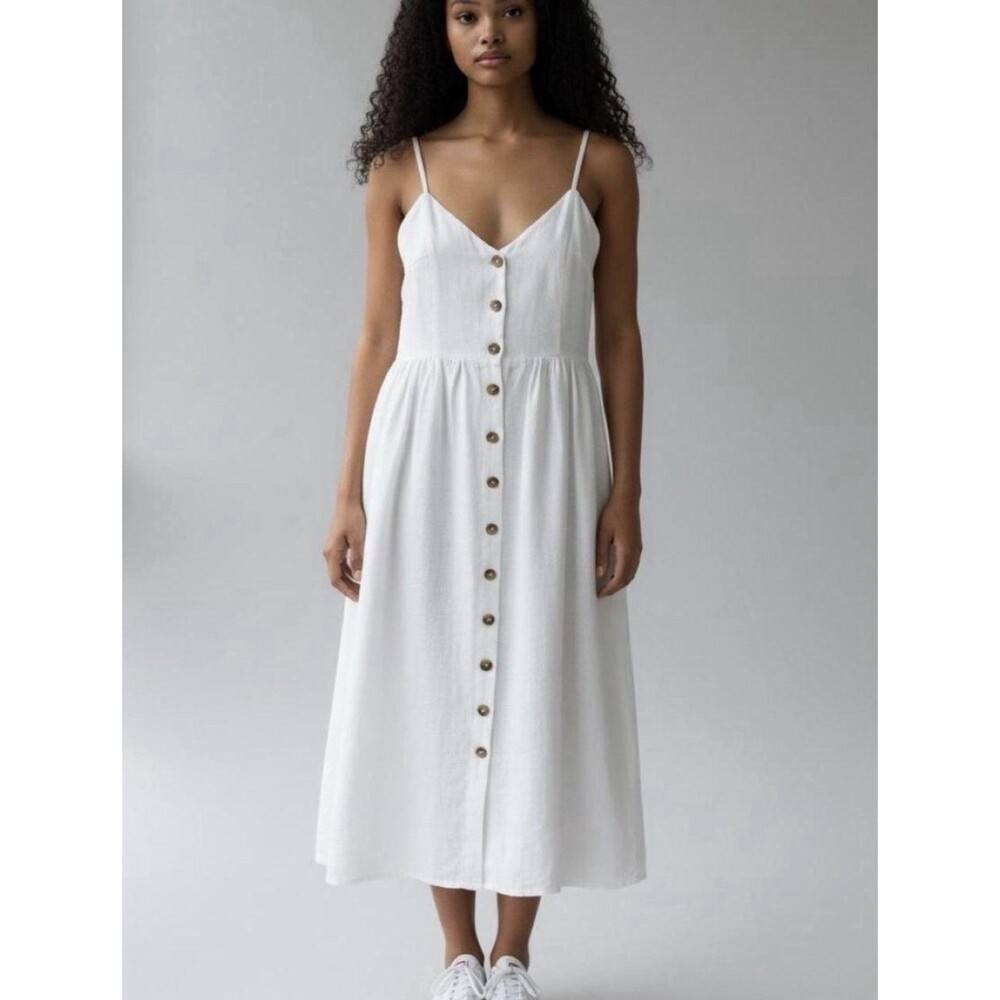 HM White Linen Cotton Button Front Midi Sundress Cami Smocked Size 4 Excellent